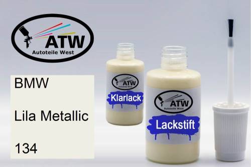 BMW, Lila Metallic, 134: 20ml Lackstift + 20ml Klarlack - Set, von ATW Autoteile West.